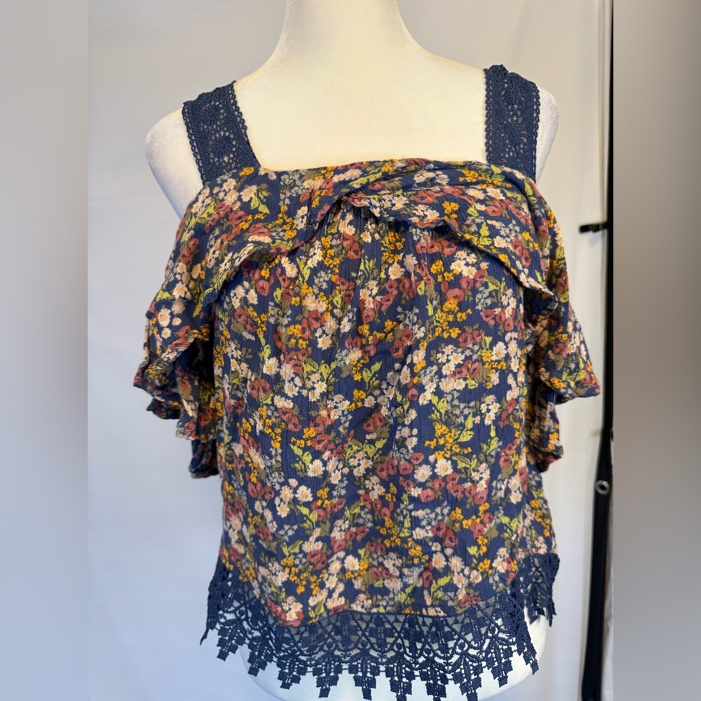 Self Esteem size medium tank with crochet detail on bottom and straps blue